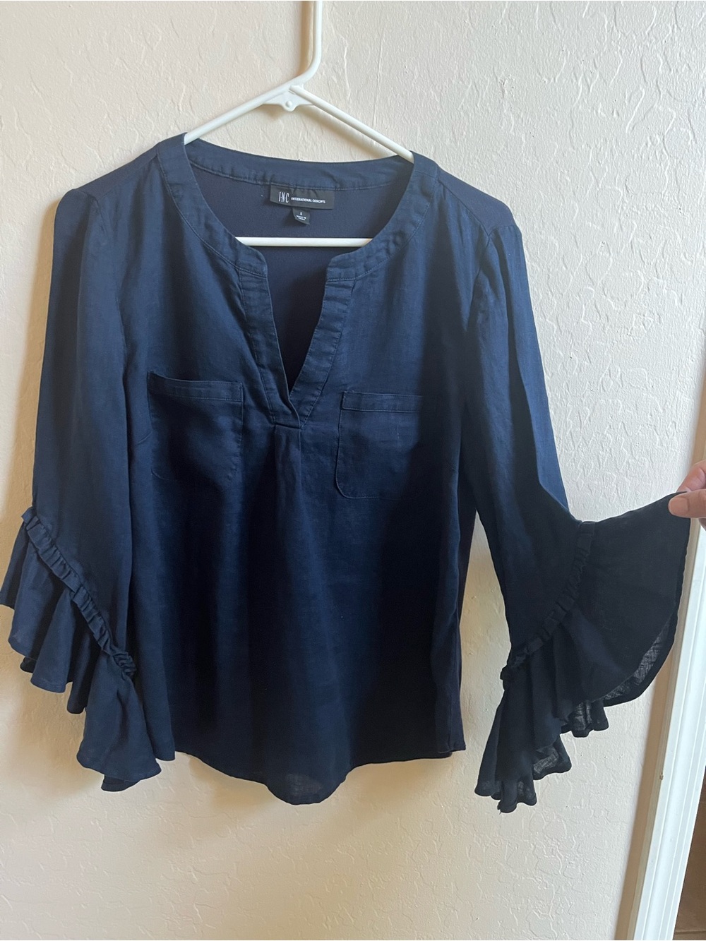 INC Navy Blue Riffled Sleeve Blouse Size S